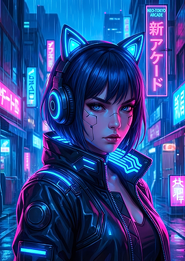 Cyberpunk Girl with Cat Ears Headphones