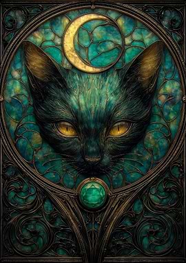 Mystical Black Cat Stained Glass with Moon
