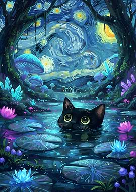 Black Cat in Starry Night Pond