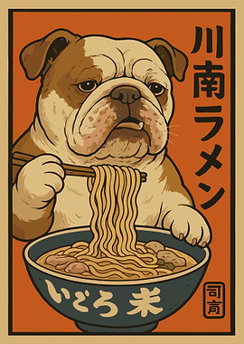 Bulldog Eating Ramen Poster, Cute Japanese Food Art Print, Kawaii Asian Kitchen Wall Decor