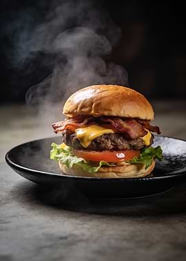 Delicious Steaming Bacon Cheeseburger on Plate