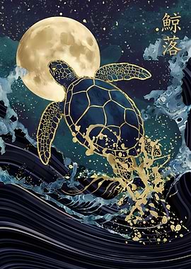 Golden Turtle in Ocean Moonlight