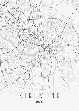 Richmond, USA - Minimal White City Map, Wall Art Print