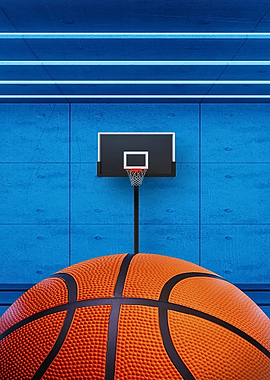 Basketball and Hoop on Blue Wall