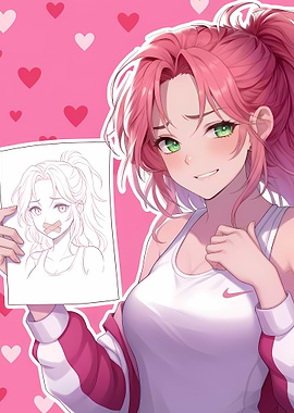 Pink Anime cute girl cannot speak holding a drawing