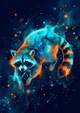 Cosmic Raccoon Watercolor Art