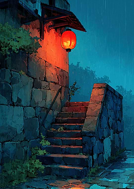 Rainy Night Stone Steps with Lantern