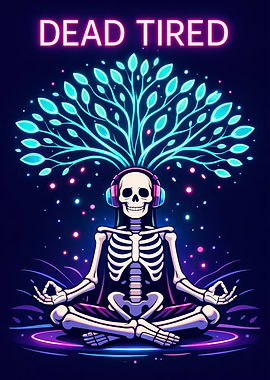 Dead Tired Meditating Skeleton with Headphones