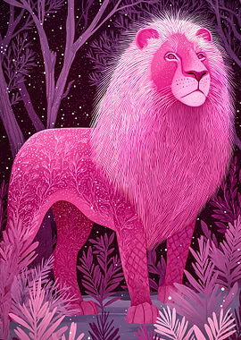 Pink Lion in a Forest Illustration