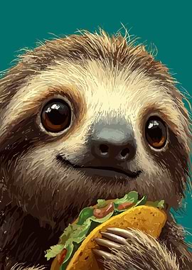 Sloth eating taco on teal background