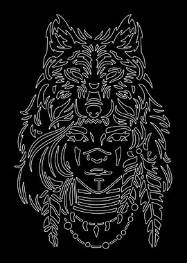 Wolf and Woman Line Art