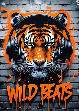 Tiger with Headphones on Brick Wall