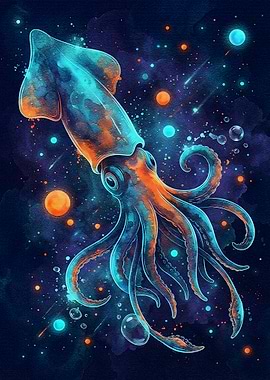 Cosmic Squid Watercolor Art