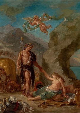 Classical painting with figures and landscape