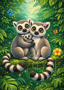 Lemur Family in Jungle Illustration