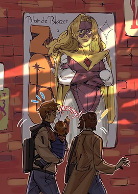 Blonde Blazer Superhero Poster with Family