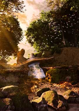 Mystical Forest Landscape with Stone Objects