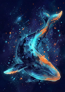 Watercolor Whale in Cosmic Ocean