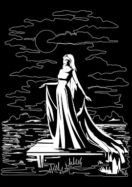 Monochrome Woman on Dock Under Moon