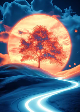 Surreal Landscape with Tree and Glowing Path
