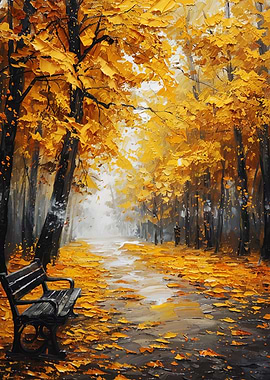 Autumn Park Bench Oil Painting