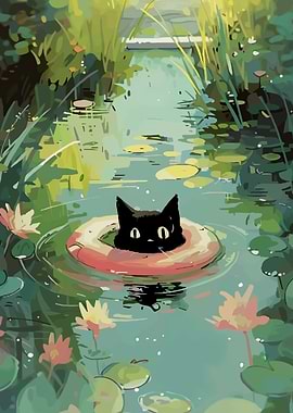 Black cat floating in pond art