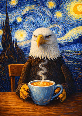 Eagle with Coffee in Starry Night