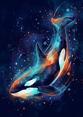 Watercolor Orca Whale in Deep Blue