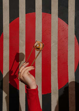 Sushi roll held with chopsticks