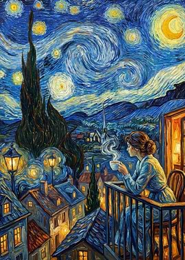 Starry Night Coffee Balcony Painting