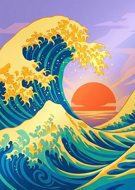 Stylized Ocean Great Wave at Sunset