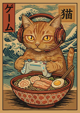 Gamer Cat Ramen Poster, Cute Orange Tabby Wall Art, Japanese Food Cartoon Print