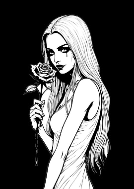 Monochrome Woman with Rose Illustration