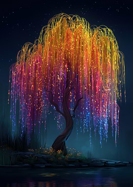 Colorful Willow Tree at Night