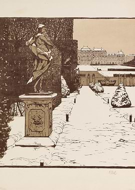 Winter Garden Scene with Statue