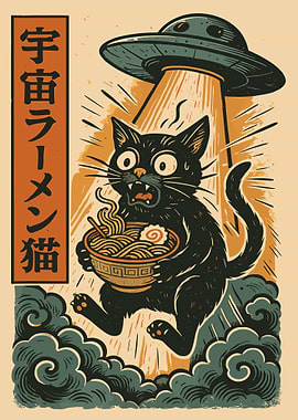 Black Cat UFO Ramen Poster, Funny Japanese Anime Art, Alien Abduction Wall Print