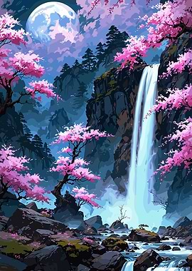 Cherry Blossom Waterfall Under Moonlight