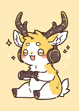 Cute Deer Gamer Cartoon Illustration