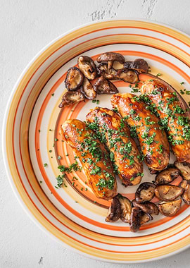 Sausages and Mushrooms on Striped Plate