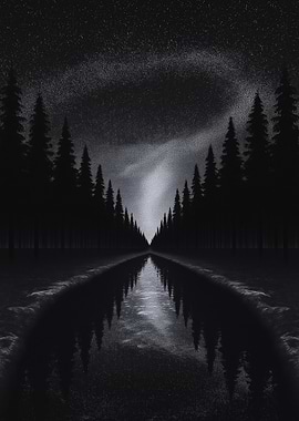 Monochrome Forest Reflection Under Starry Sky