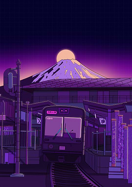 Purple Train Station with Mount Fuji