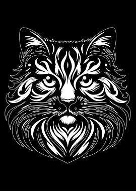 Abstract White Cat Head on Black