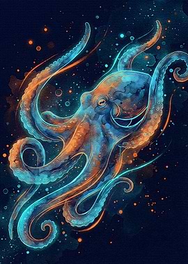 Glowing Octopus in Deep Blue Sea