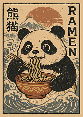 Panda Eating Ramen Poster, Vintage Japanese Food Wall Art, Cute Asian Kitchen Print