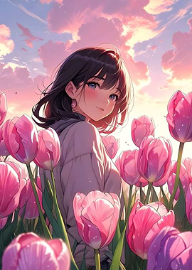 Anime Girl in Tulip Field