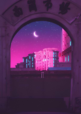 Night Cityscape with Crescent Moon