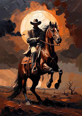 Dramatic Impasto Cowboy Art: Rearing Horse at Sunset
