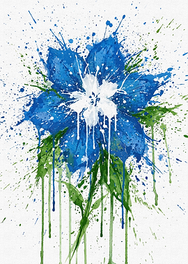 Blue Flower Watercolor Splatter Art