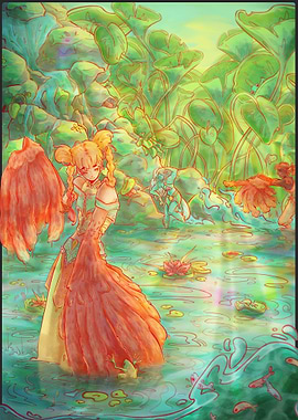Birdy Girl in Lily Pond Painting
