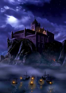 Night Castle on Cliff with Boats